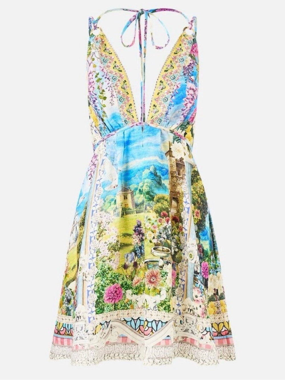 Camilla Multicolor Floral Plunging Tie-Back Mini Dress